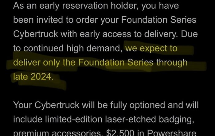 Tesla order invite now says: “We expect to deliver only the foundation series through late 2024”