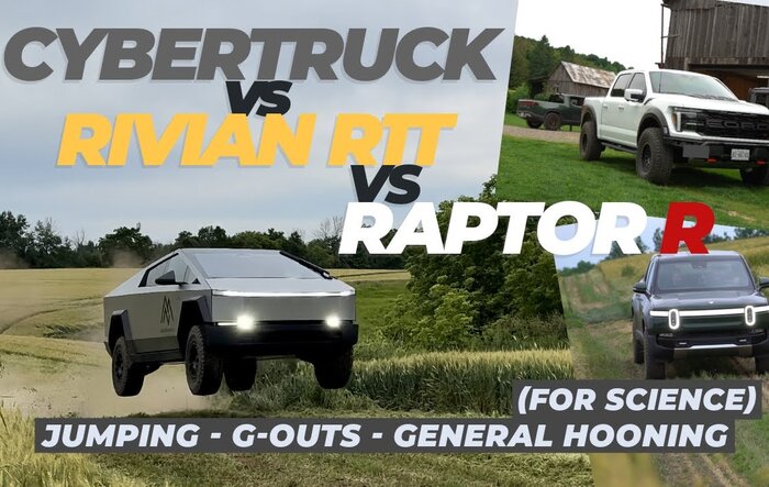 Video - Cybertruck Off-Road Mode VS Rivian R1T VS Ford Raptor R - Jumping, G-Outs, Trails