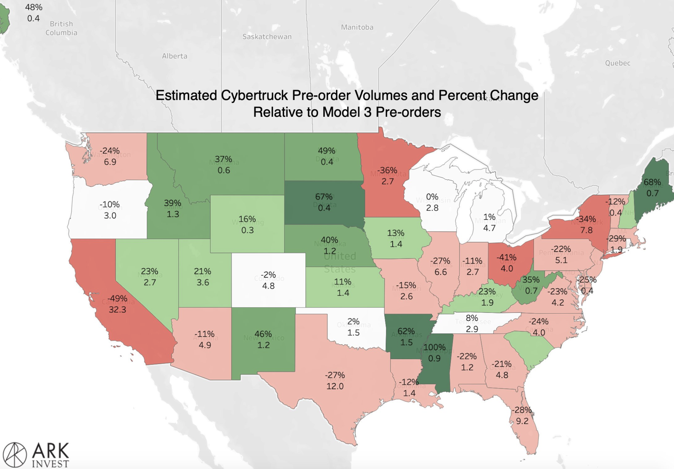 Cybertruck preorder popularity map (compared to Model 3) | Tesla